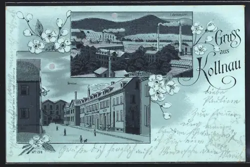 Mondschein-Lithographie Kollnau, Fabrikansicht aus der Vogelschau, Strasse