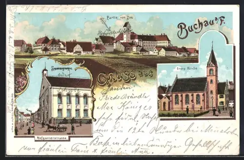 Lithographie Buchau a. F., Synagoge, Evang. Kirche, Ortsansicht