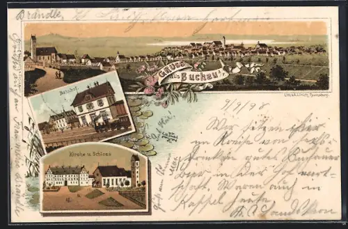 Lithographie Buchau a.F., Gesamtansicht, Bahnhof, Kirche und Schloss