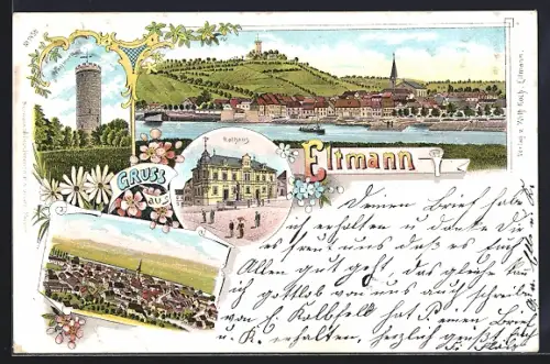 Lithographie Eltmann, Teilansicht, Wallburg, Rathaus