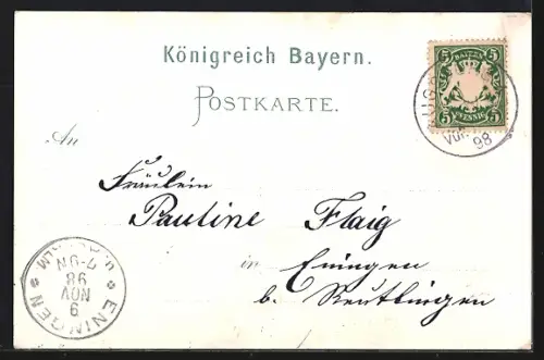 Lithographie Eltmann, Teilansicht, Wallburg, Rathaus