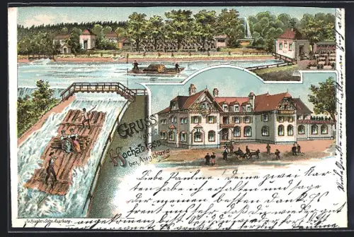 Lithographie Augsburg, Gasthaus Hochablass, Wasserbahn