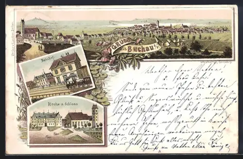 Lithographie Buchau a. F., Bahnhof, Kirche u. Schloss, Ortsansicht