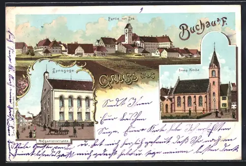 Lithographie Buchau a. F., Synagoge, Evang. Kirche, Ortsansicht