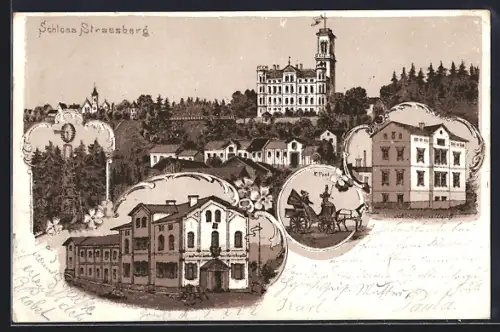 Lithographie Strassberg / Bobingen, Schlossverwaltung, Post, Gasthaus