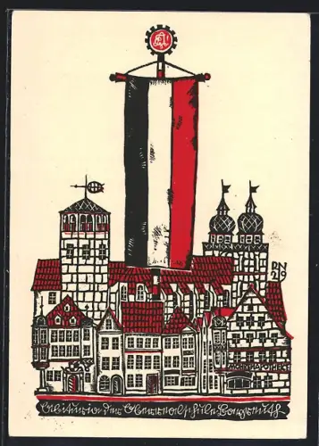 Künstler-AK Bayreuth, Stadtansicht mit Mohrenapotheke u. deutscher Fahne, Abituria der Oberrealschule