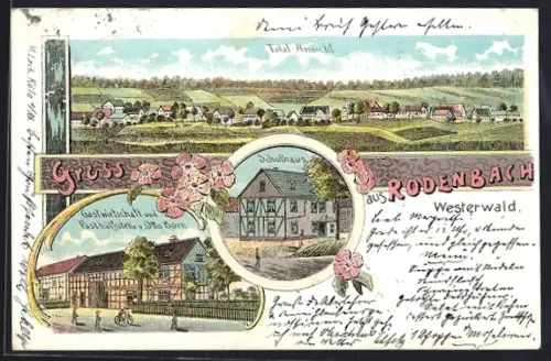 Lithographie Rodenbach /Westerwald, Gastwirtschaft und Posthülfstelle v. Otto Born, Schulhaus, Ortsansicht