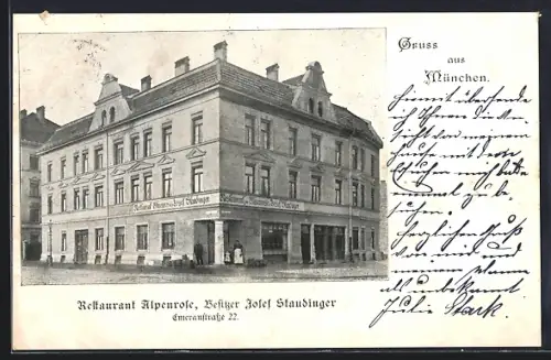 AK München-Giesing, Restaurant Alpenrose, Bes. Josef Staudinger, Emeranstrasse 22