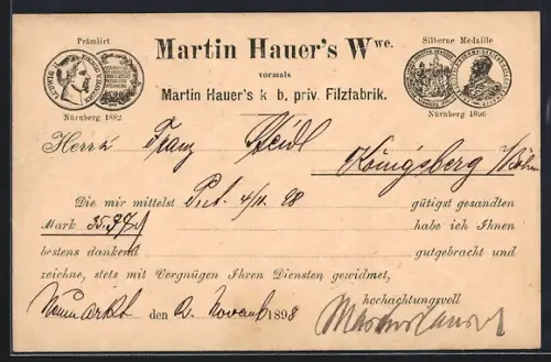 Vorläufer-AK Nürnberg, 1888, Martin Hauers k. b. priv. Filzfabrik, Ganzsache