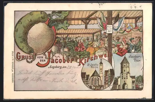 Lithographie Augsburg, Volksfest Jacober Kirchweih, St. Jacobs-Kirche