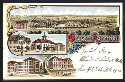 Lithographie Korntal, Gasthaus mit Kirche, Neue Lateinschule, Höheres Töchterinstitut, Eisenbahn in Fahrt zum Bahnhof