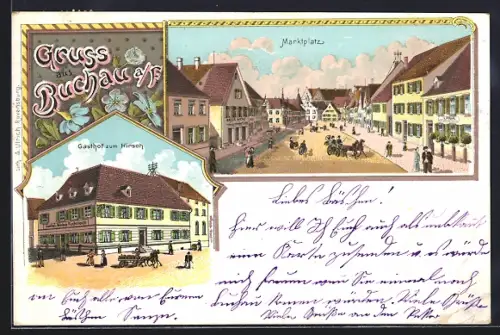 Lithographie Buchau a /F., Gasthof zum Hirsch, Marktplatz mit Geschäft