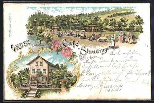 Lithographie Westheim / Schwab., Café Staudinger mit Gartenlokal