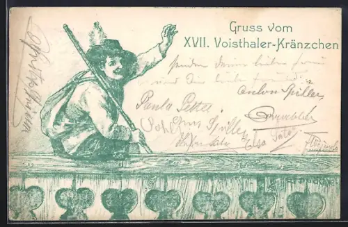 Künstler-AK Voisthalerhütte, Wanderer grüsst vom XVII. Voisthaler Kränzchen