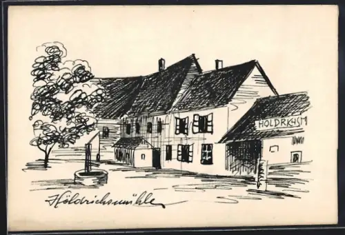 Künstler-AK Handgemalt: Hinterbrühl, Ortsansicht mit Ladengeschäft