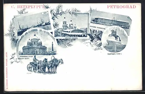 AK Petrograd, Hafen, Dom, Reiterstandbild, Ansichten im Winter