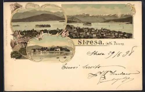 Lithographie Stresa, Panorama mit Seeblick & Gebirge