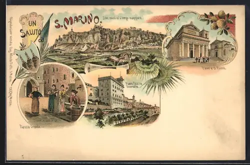 Lithographie San Marino, Fianco Palazza Governativo, Pieve e S. Pietro, Piazza Grande, Panorama