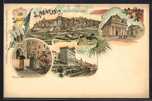 Lithographie San Marino, Fianco Palazza Governativo, Pieve e S. Pietro, Piazza Grande, Panorama