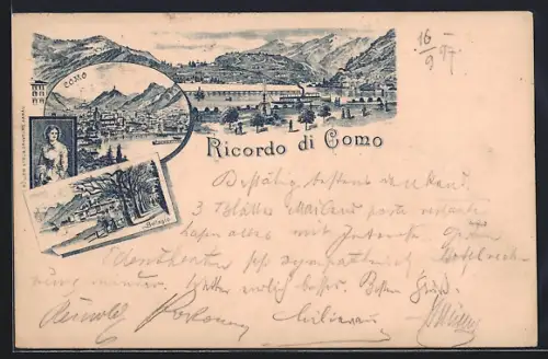 Lithographie Como, Panorama mit Gebirgszug