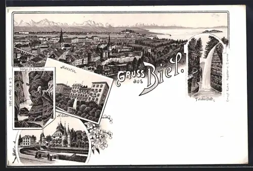 Lithographie Biel /Bienne, Maeolin, Nidau, Gorge de la Suze, Panorama