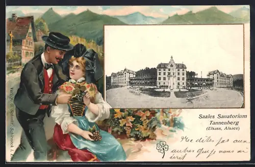 AK Tanneberg, Saales Sanatorium mit Passepartoutrahmen Paar in Trachten