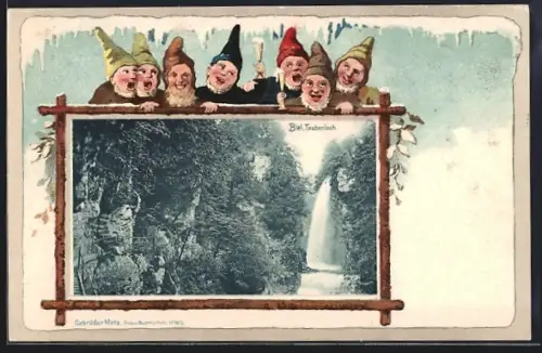 Lithographie Biel /Bienne, Wasserfall Taubeloch, betrunkene Zwerge