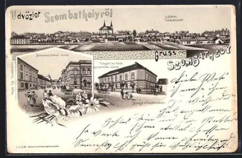 Lithographie Szombathely, Panorama, Handelsschule, Strassenansicht