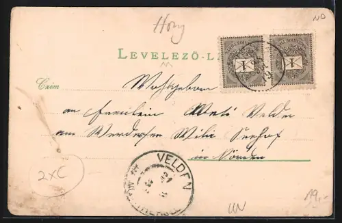 Lithographie Szombathely, Panorama, Handelsschule, Strassenansicht