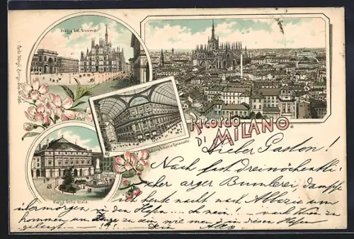 Lithographie Milano - Mailand, Piazza del Duomo, Panorama, Piazza della Scala