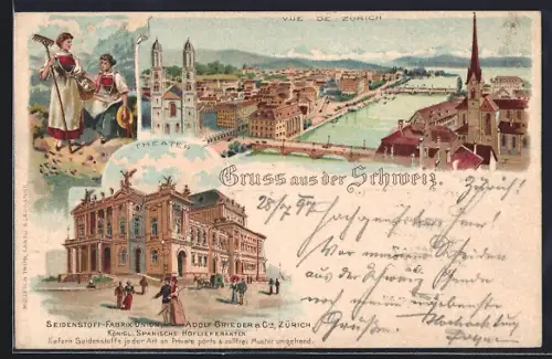 Lithographie Zürich, Ortspanorama mit Kirche