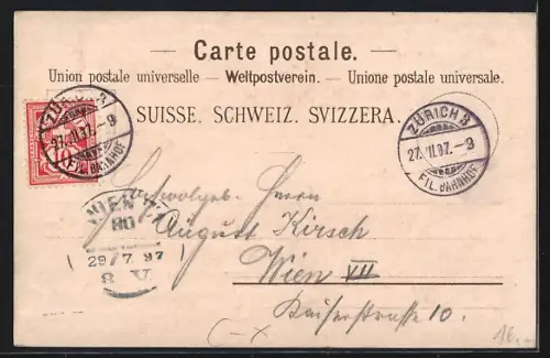 Lithographie Zürich, Ortspanorama mit Kirche