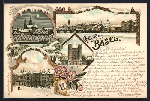 Lithographie Basel, Rathausplatz mit Pferdeschlitten, Das Spalentor, Ortspartie