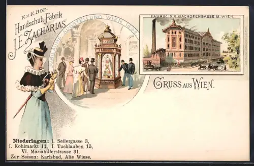 Lithographie Wien, K. u. K. Hof-Handschuh-Fabrik J. E. Zacharias, Bachofengasse 8