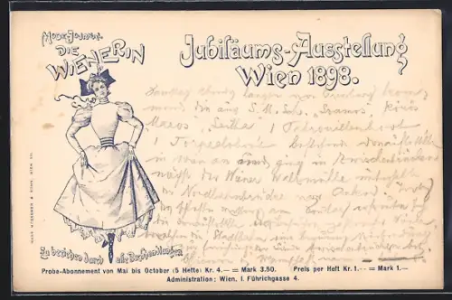 AK Wien, Jubiläums-Ausstellung 1898, Mode-Journal Die Wienerin, junge Frau im Festkleid