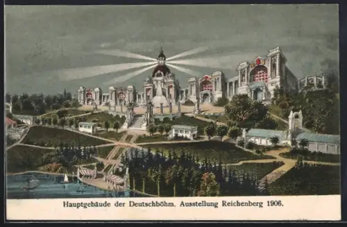 AK Reichenberg, Deutschböhmische Ausstellung 1906, Blick auf den Park und das Hauptgebäude