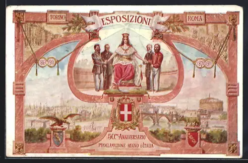 AK Torino & Roma, Espozizioni 1911, Stadtansichten, Königin & Wappen