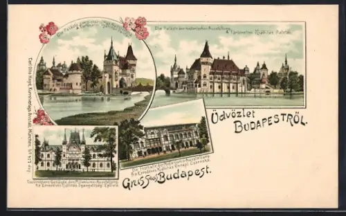 Lithographie Budapest, Paläste der historischen Ausstellung, Festhalle der Milleniums-Ausstellung