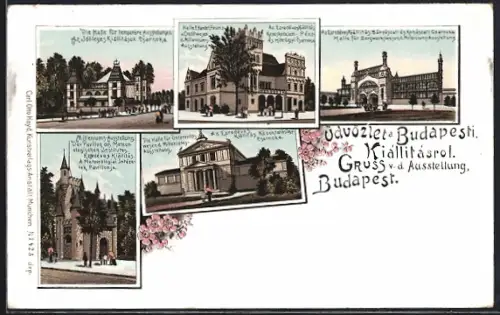Lithographie Budapest, Halle für temporäre Ausstellungen, Halle für Bergwerkswesen, Pavillon des meteorol. Instituts