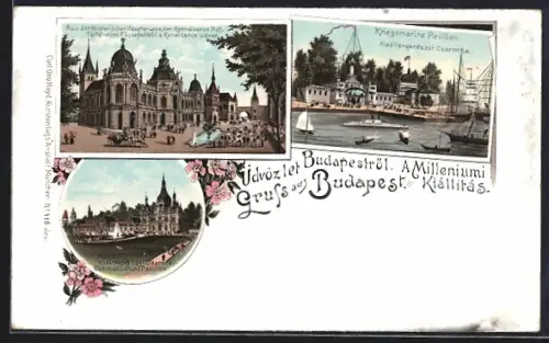 Lithographie Budapest, Rennaisance Hof, Kriegsmarine Pavillon, Communications Pavillon