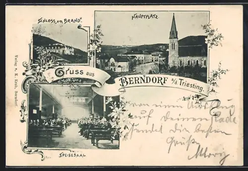 AK Berndorf a. d. Triesting, Schloss am Brand, Speisesaal und Hauptplatz