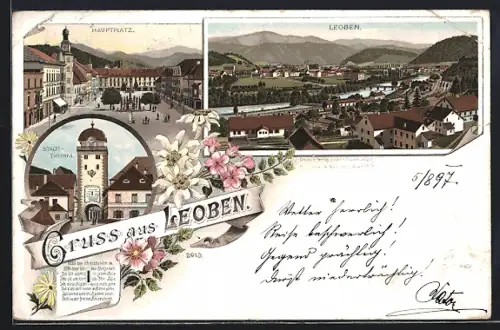 Lithographie Leoben, Totalansicht, Hauptplatz, Stadtthurm