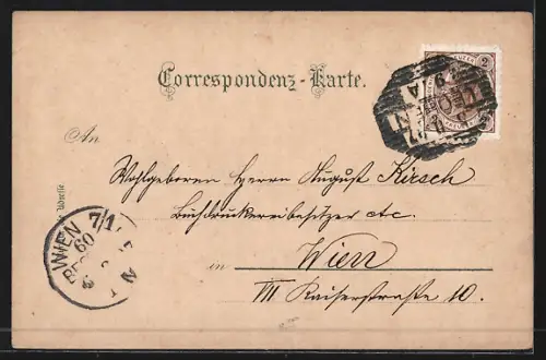 Lithographie Leoben, Totalansicht, Hauptplatz, Stadtthurm