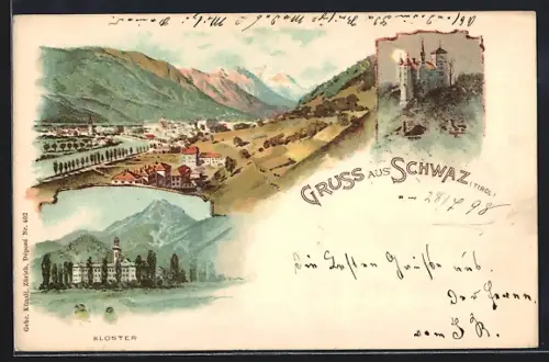 Lithographie Schwaz, Kloster bei Nacht, Panoramablick auf den Ort