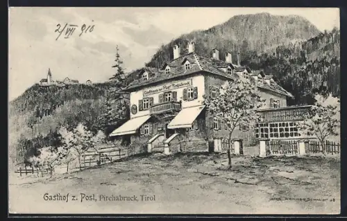 Künstler-AK Birchabruck /Tirol, Gasthof z. Post mit Waldpanorama