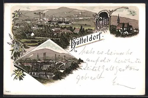 Lithographie Hütteldorf, Totalansicht, Kirche und Fabrikgelände