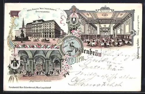 Lithographie Wien, Hotel Krantz-Spatenbräu, Neuer Markt 6, Marmorsaal, Majolikasaal im Souterain
