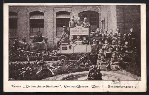 AK Wien, Kinder auf Kutsche vom Verein Kinderschutz-Stationen, Schönlaterngasse 3
