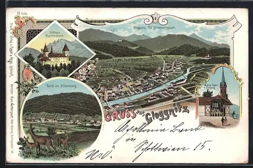 Lithographie Gloggnitz a. d. Semmeringbahn, Silbersberg-Partie, Schloss Wartenstein, Gesamtansicht