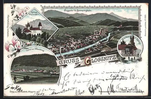 Lithographie Gloggnitz, Maria Taferl am Eichberg, Ortsansicht mit Semmeringbahn, Schloss Wartenstein, Silbersberg